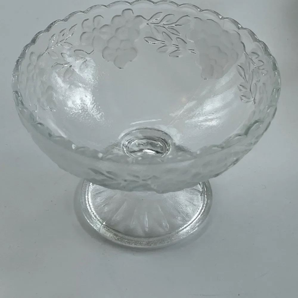 Vintage Dessert Footed Pressed Glass Bowls • Raised Frosted Daisy Pattern • (2)